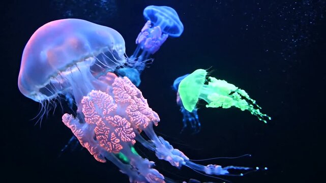 Vibrant Jellyfish Swarm Illuminated in Deep Blue Ocean Waters.