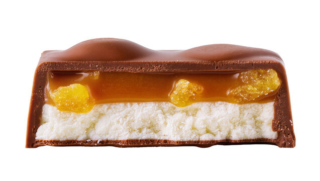 Chocolate bar with nougat caramel and nuts, isolated on transparent background