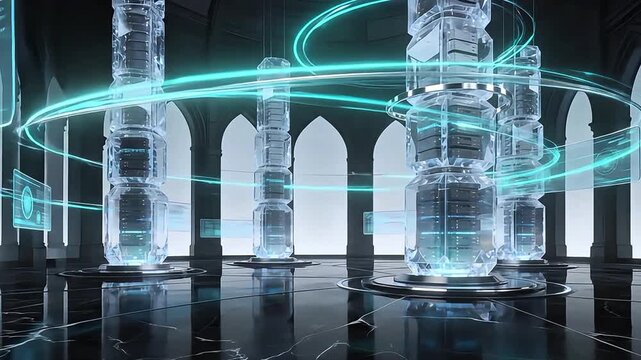 Futuristic Server Pillars Rotating with Glowing Digital Data in Abstract Cyber Infrastructure