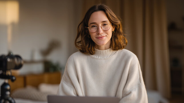 Remote manager recording a video performance review in a quiet home studio, notebook open to bullet points, camera on tripod, soft lighting, professional backdrop curtain behind them, calm focused e