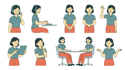 Fototapeta premium Customer Service Representative Character Set, Woman Working with Headset and Tablet, Professional Office Poses for Business Communication and Support Services Concepts, Flat Vector Illustration Style