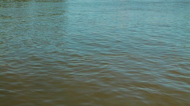 Minimalist view of tranquil river water. Soft light creates gentle ripples on murky green and blue surface. Serene and calming background for nature, environment, or wellness concepts