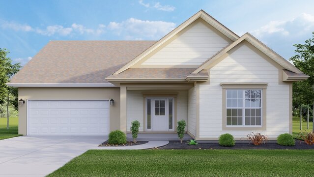 3D render of a modern suburban single-story residential home with a two-car garage, white siding exterior, and landscaped front yard under a clear blue sky