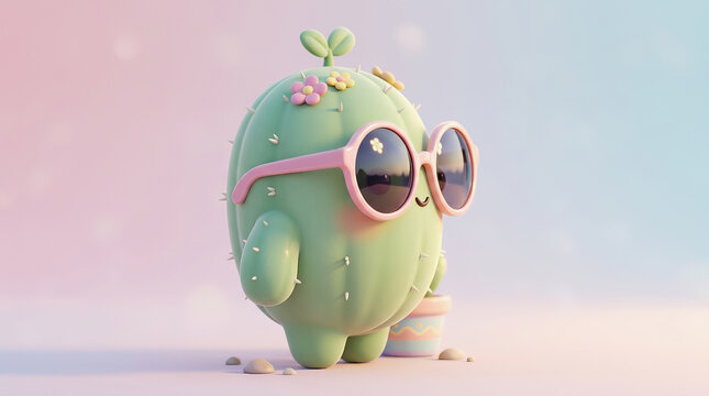 Cute green cactus character wearing pink sunglasses and standing on pastel background with flowers on head