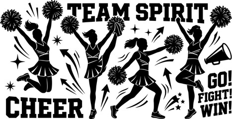 Fototapeta premium Cheerleader silhouettes in dynamic poses with pom poms, sports performance and team spirit graphics, raising arms, high kick
