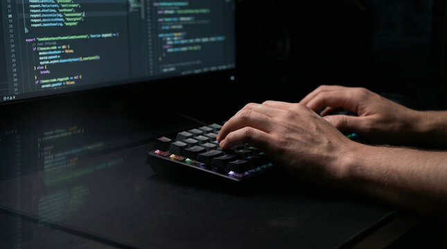 Close-up of male hands typing on mechanical RGB keyboard with software code lines on computer screen. Programming, hacking, and software development concept.