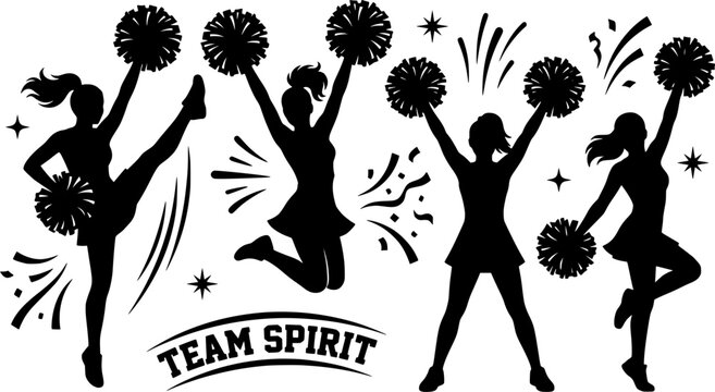 Cheerleader silhouettes in dynamic poses with pom poms, sports performance and team spirit graphics, raising arms, high kick