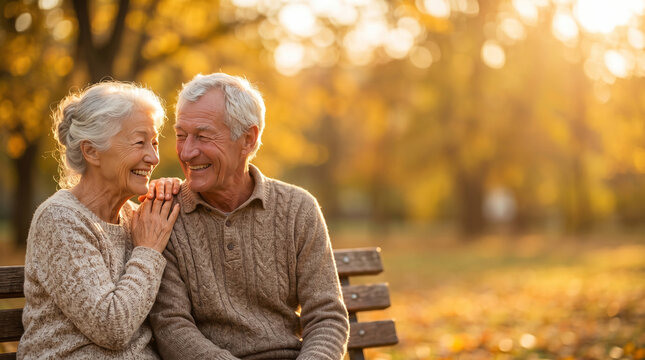 Joyful elderly couple enjoying active retirement lifestyle and financial freedom in nature