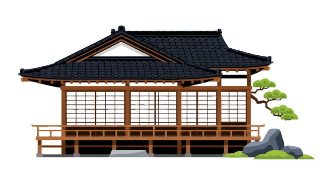 Traditional Japanese house with black roof and wooden structure