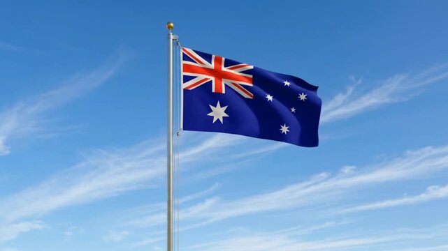 The Australia flag flies against a bright blue sky.