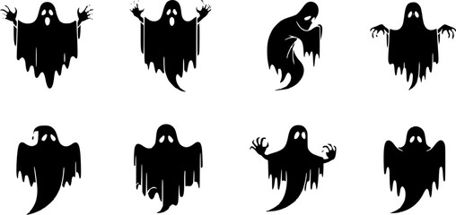 Fototapeta premium Collection of six spooky black silhouette ghosts with tattered flowing robes and raised arms against a white background