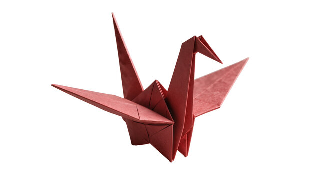 Red origami paper crane bird, isolated on transparent background