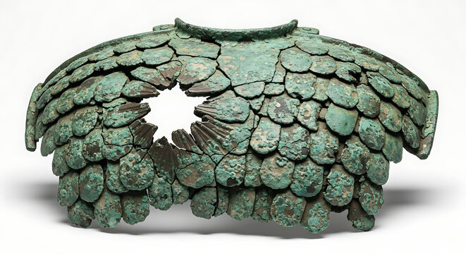 Ancient weathered bronze scale armor piece, historically damaged and isolated on white background