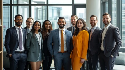Fototapeta premium A diverse group of professionals poses together in a modern office setting. They wear stylish business attire and smile confidently. This image captures teamwork 