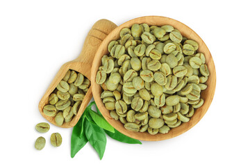 Fototapeta premium Green coffee beans in wooden bowl and scoop isolated on white background. Top view