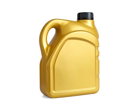A golden plastic container for liquids with a black cap and handle. The object is isolated on a white backdrop, demonstrating its shape and design