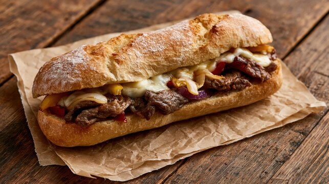 Direct overhead shot of a steak and cheese sub wrapped in greaseproof paper on a weathered timber surface with scattered crumbs and seasoning.