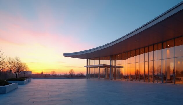 Modern building exterior with glass facade at sunrise. Empty plaza in front of structure. Sky shows orange pink blue colors. Peaceful urban morning scene.