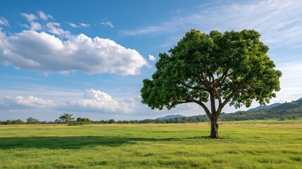 Fototapeta premium Massive leafy tree dominating an expansive emerald field beneath a radiant sun and clear horizon in a natural park setting.