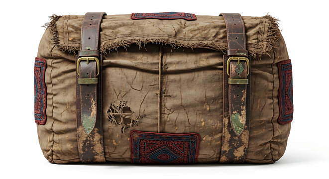 Isolated vintage military-style canvas duffel bag with worn leather straps and rustic metal buckles