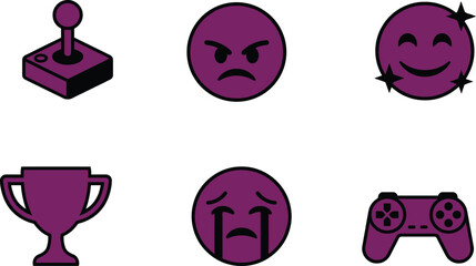 Purple gaming icon set featuring joystick, trophy, controller, angry emoji, happy face, and crying emoticon for web design, apps, and interfaces. © clickwavebd