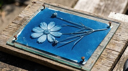 Fototapeta premium Cyanotype sun print of cosmos flower under glass on rustic wooden surface during artistic process.