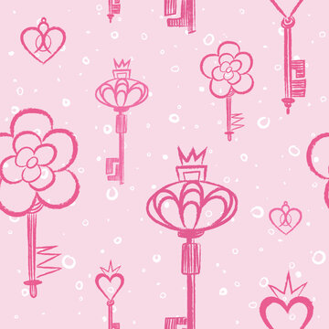 Seamless vector pattern with ornate keys, hearts, flowers. Hand drawn sketch style, pink monochrome palette, soft grunge texture. Romantic decorative background for textile, wallpaper, packaging