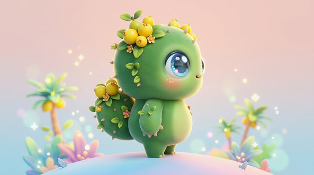 Cute green dragon with yellow flowers and leaves on its back standing on a colorful hill with palm trees in a magical fantasy landscape.