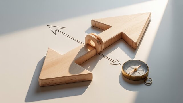 Wooden Double-Headed Arrow and Compass Symbolizing Direction and Decision Making