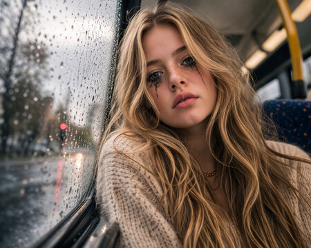  Traurige junge Frau mit verschmierter Mascara im Bus bei Regen