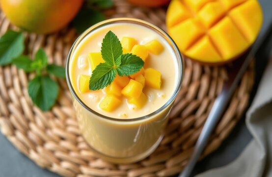 Glass filled with creamy sago mango dessert. Topped with fresh mango cubes and mint leaves. Served on woven mat, garnished with whole and cut mangoes.