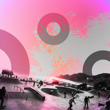 Skate parc banner with grunge sunset effect in Frutiger Metro aesthetic