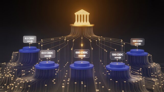 Central Bank Digital Currency (CBDC) financial network visualization with data flow and money transfer concepts