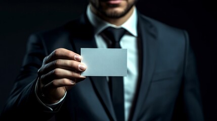 Naklejka premium A professional man in a sleek black suit holding a blank business card in a dimly lit environment. This image captures confidence and sophistication. Ideal for business themes. AI