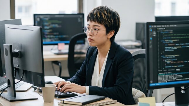 Software developer typing code. Focus on the complex digital project. Professional concentration.