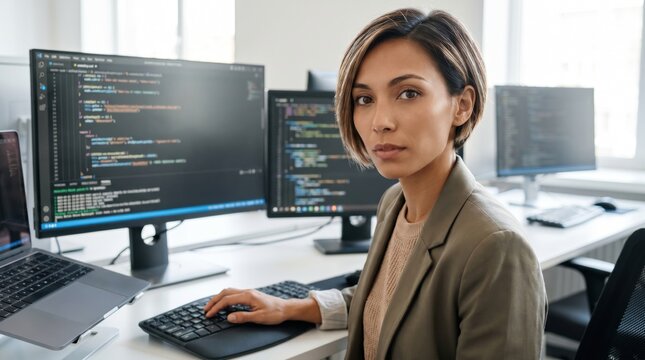 Female programmer working at desk. Focused professional coding software. Dedicated expert mindset.