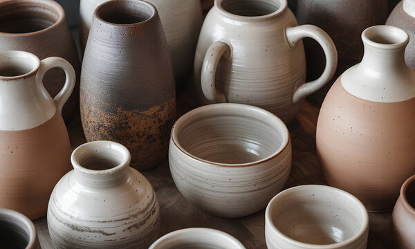 Colecci&oacute;n de vasijas, jarras y cuencos de cer&aacute;mica artesanal en tonos tierra