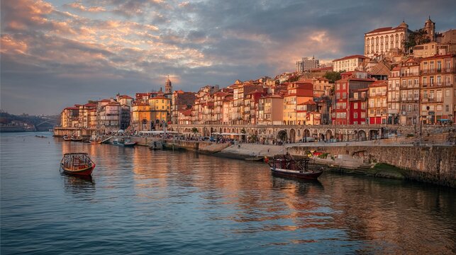 Old city Porto view from Duoro river. Port boats sail at sunset.