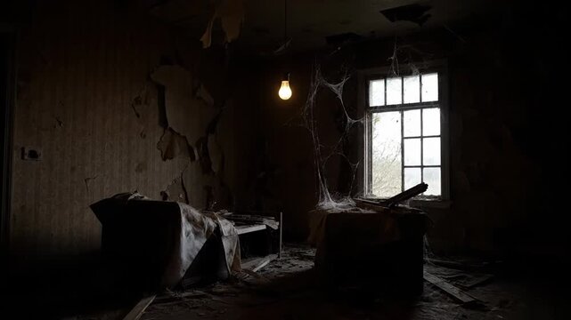 Dilapidated interior with a window, old furnishings, and a single light bulb hanging