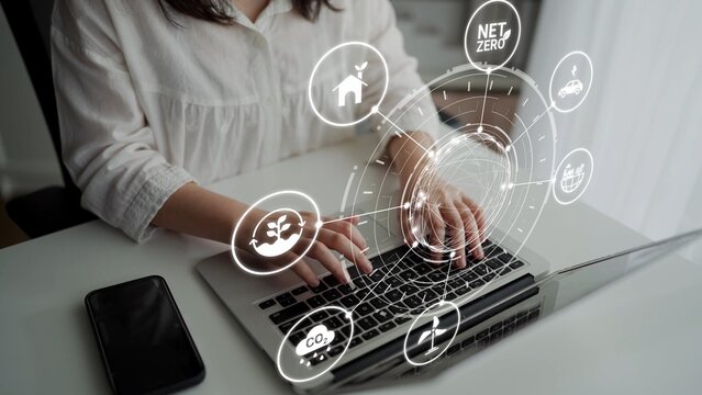 Net zero and sustainability concepts with environmental balance, digital sustainability icons, green energy goals, and eco-conscious digital business transformation for the future. Funnel