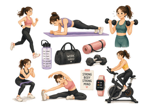 Set of Women Performing Various Fitness Routines and Workout Equipment