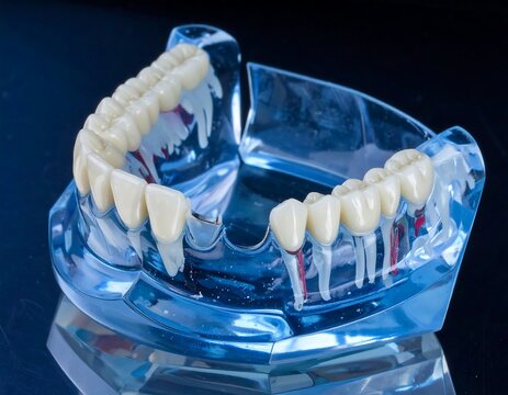 A dental model of upper and lower teeth is displayed inside a clear, blue acrylic jaw structure on a black surface