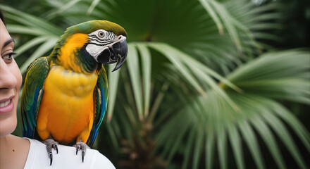 Fototapeta premium Woman smiles with colorful parrot on shoulder against tropical palm leaves, evoking joy and companionship