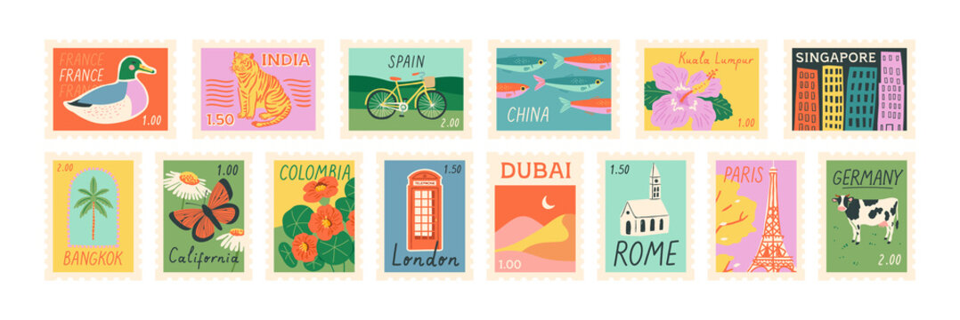 Set of vintage world travel post card stamp illustration. Retro style international country landscape postage sticker collection, famous landmark mail postmark, tourism city view postal label.