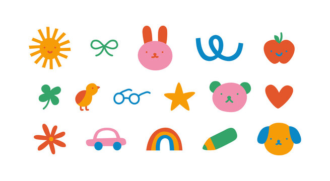 Colorful funny children doodle icon set. Cute happy kid drawing symbol collection, diverse education concept illustration bundle. Hand drawn diverse graphic elements. Includes dog, apple, rainbow.