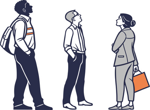 Three diverse people standing and looking up at something, flat style group