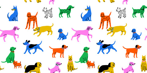 Funny dog animal crowd cartoon seamless pattern in flat illustration style. Cute puppy pet group background, diverse domestic dogs breed wallpaper. © Dedraw Studio