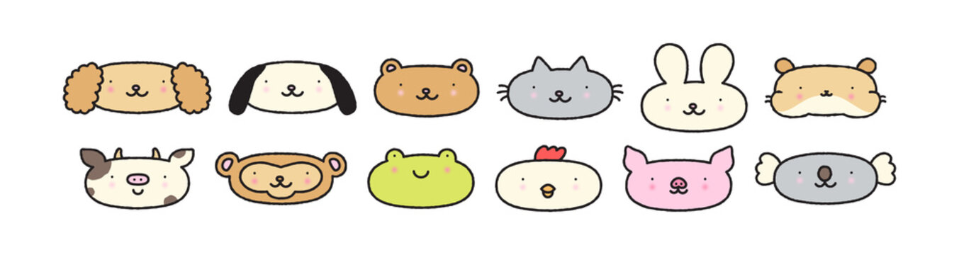 Cute animal face cartoon character illustration set. Funny hand drawn retro animals sticker, children mascot drawing collection. Includes dog, cat, bear and bunny. Isolated graphic icon element.