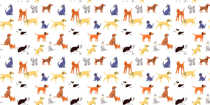 Funny dog animal crowd cartoon seamless pattern in flat illustration style. Cute puppy pet group background, diverse domestic dogs breed wallpaper.