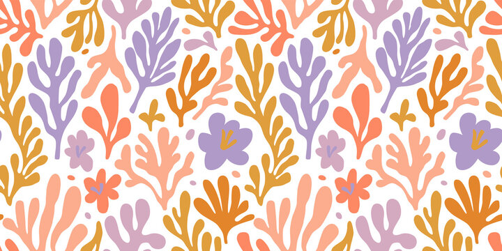 Abstract plant leaf art seamless pattern with colorful freehand doodle collage. Organic leaves cartoon background, simple nature shapes in vintage pastel colors. 